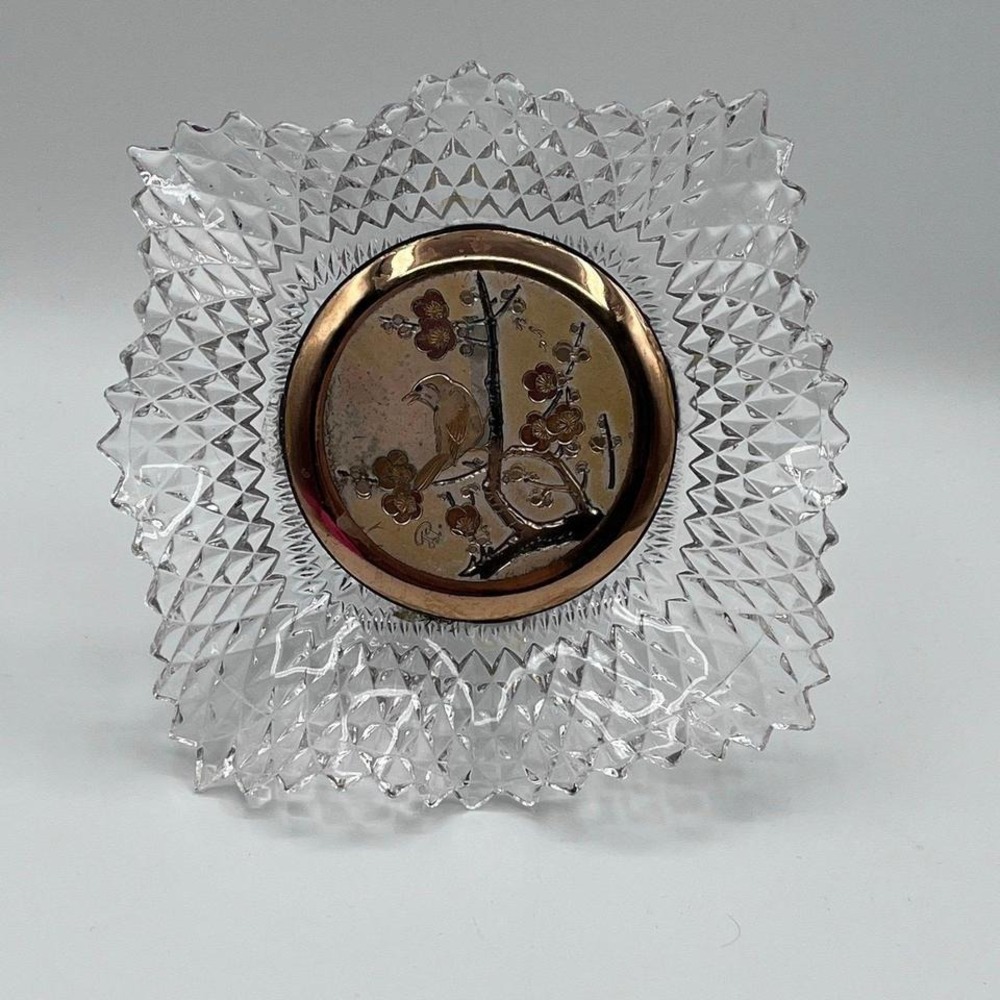 Vintage Glass Plate with Brass‎ Bird & Cherry Blossom Design 7" Decorative Stand